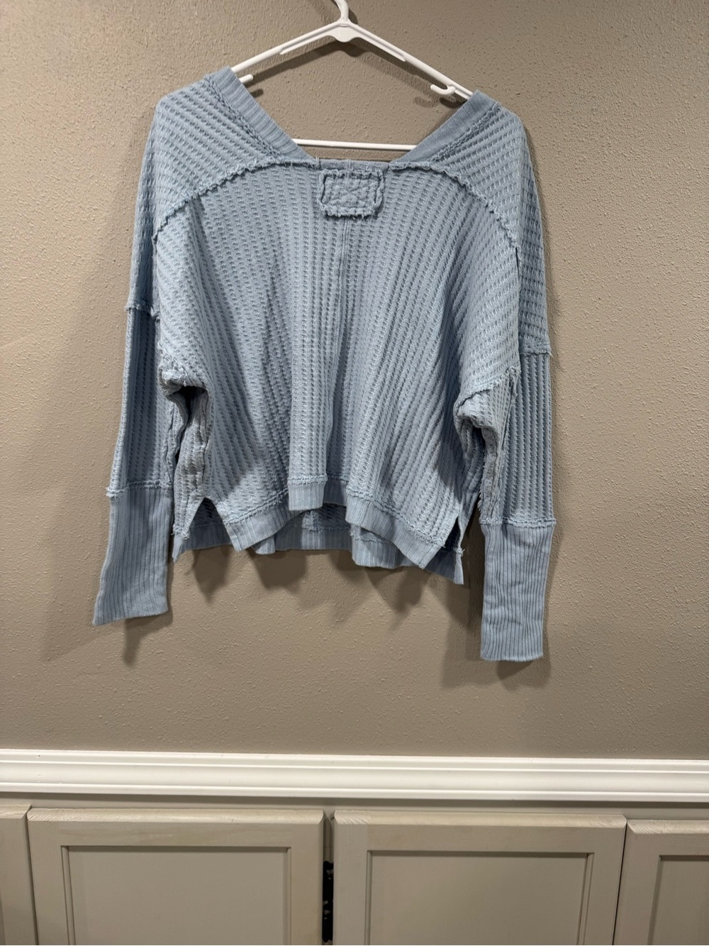 Free People Sky Blue Waffle V-Neck Long Sleeve Top - Picture 6 of 7